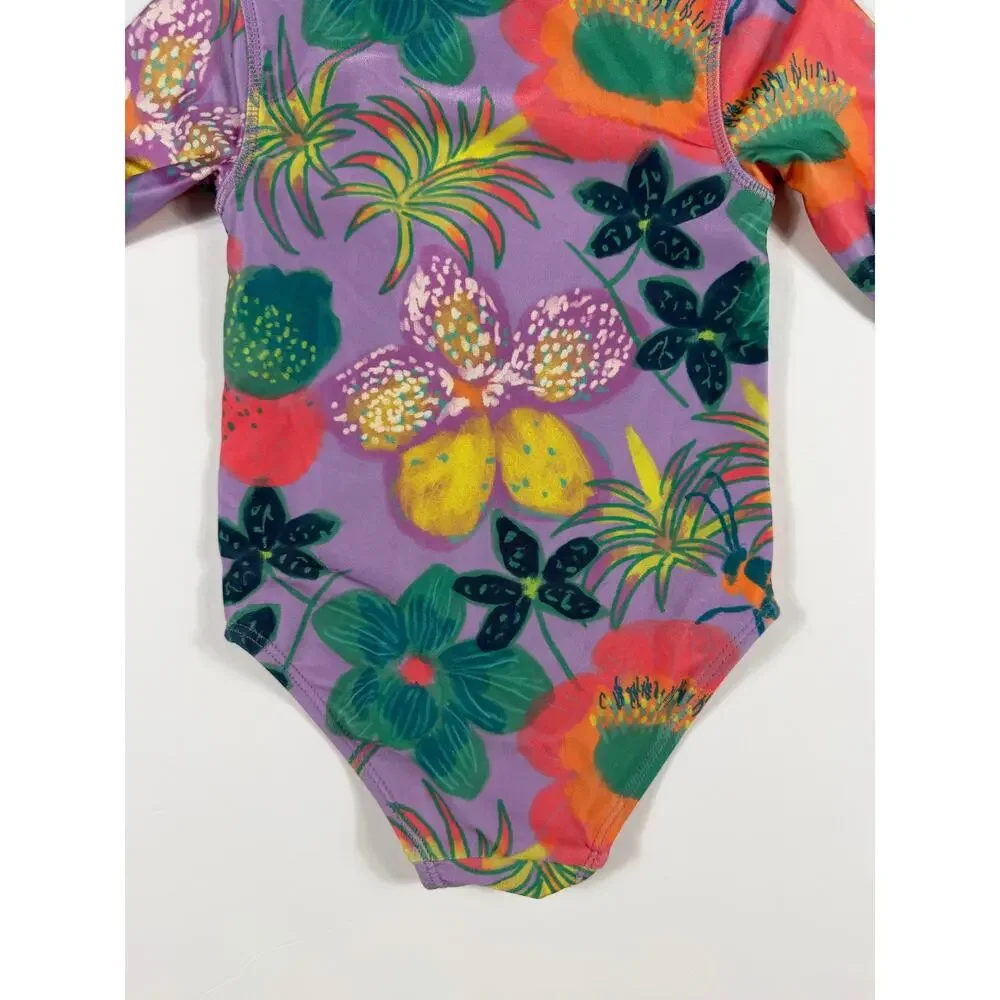 Tea Collection Tropical Floral Long Sleeve One-Piece Rash Guard Swimsuit Size 3